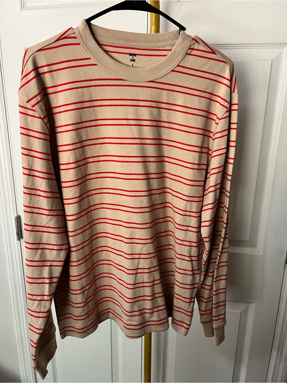 Macys Mode Of One Striped Long-Sleeve Crewneck Shirt - Beige with Red Stripes